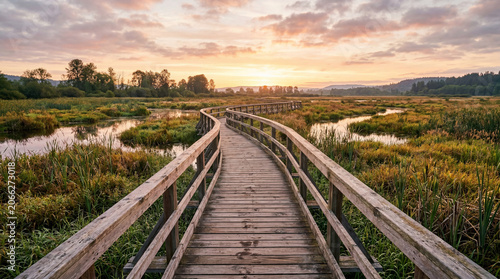 Peaceful wooden boardwalk jogging path running over natural wetlands at beautiful misty morning scenic dawn