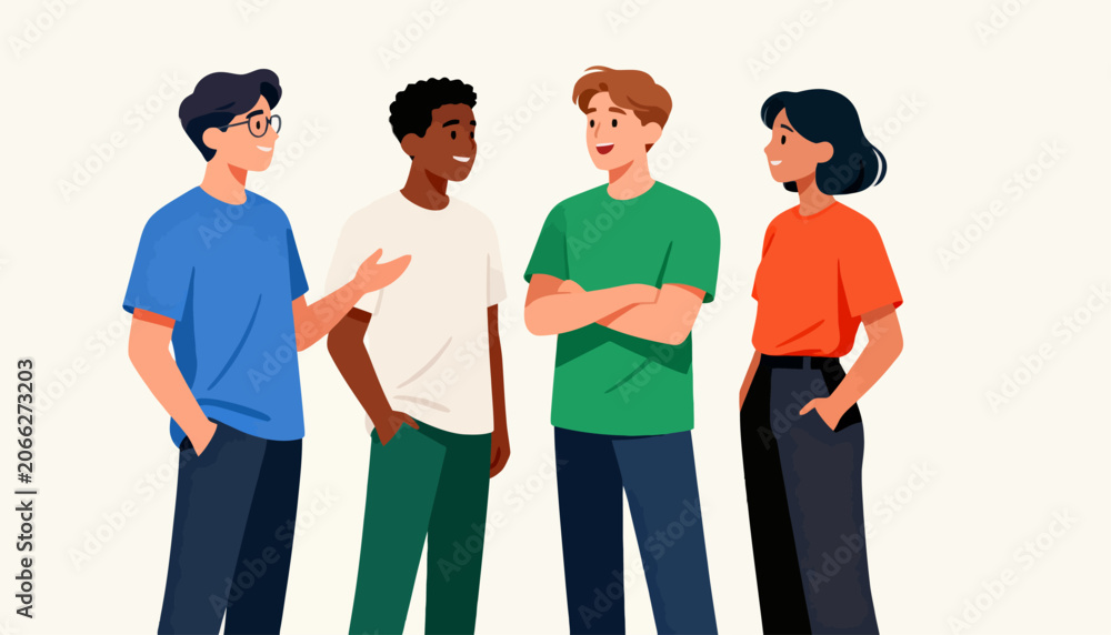 Obraz premium Four diverse individuals stand together, chatting amiably