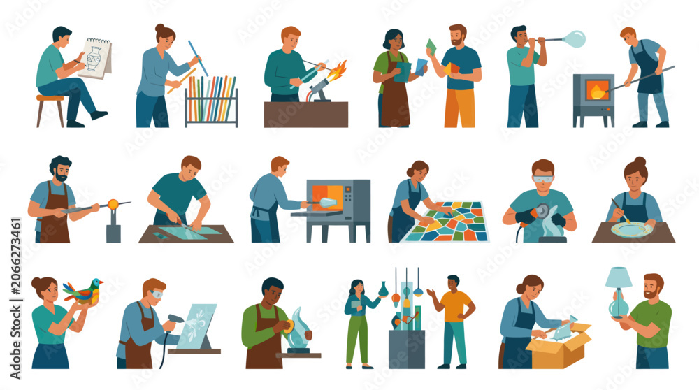 Fototapeta premium Craftspeople working with glass, pottery, and art, flat vector illustration