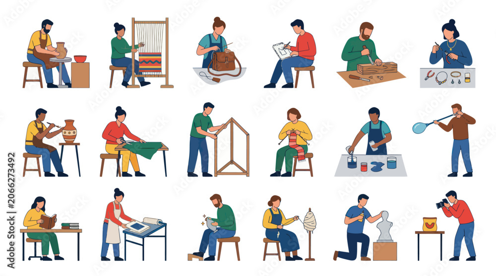 Fototapeta premium Flat Style Vector Art of People Engaged in Various Handicrafts and Artistic Creations