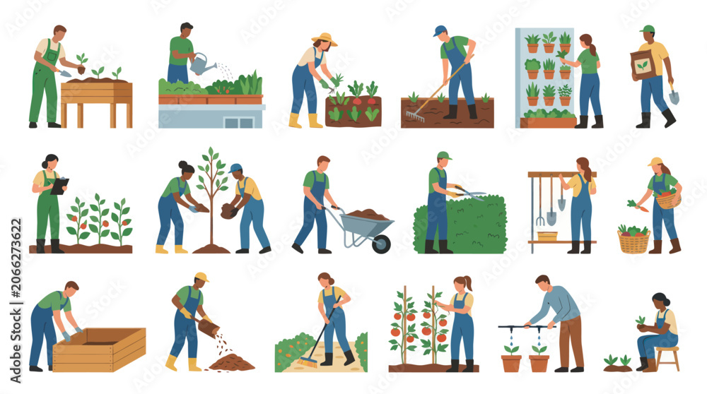 Fototapeta premium Gardening and Agriculture Flat Vector Illustration Collection. People Planting, Cultivating, and Harvesting Plants.