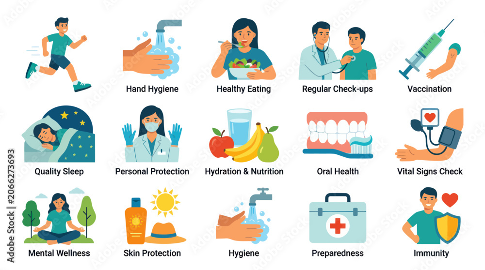 Fototapeta premium Flat Vector Health and Wellness Icons Collection for Medical Care and Healthy Lifestyle Concepts