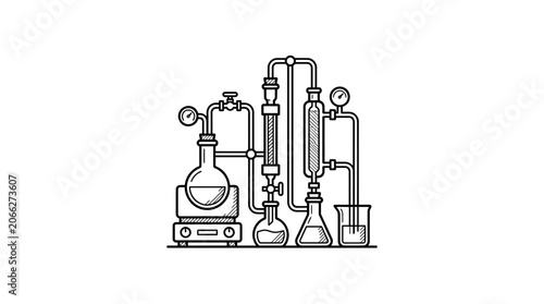 Fényképezés Complex chemical distillation apparatus with glass pipes and valves