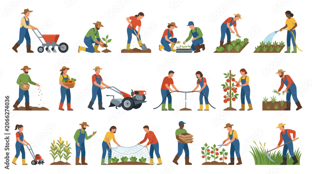 Fototapeta premium Flat Style Farmers Planting, Harvesting Gardening Vector Illustrations