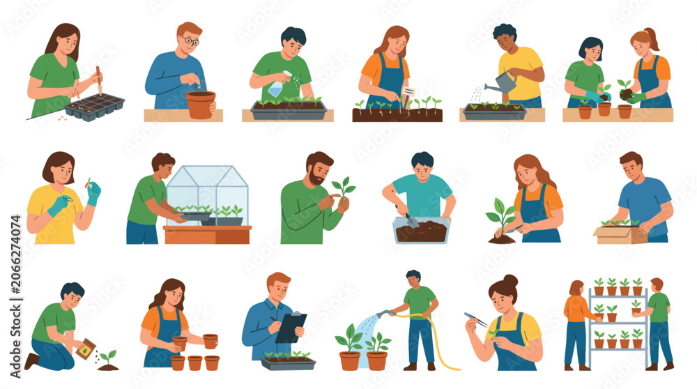 Fototapeta premium Flat Style Illustration of Diverse People Gardening, Planting, and Caring for Plants