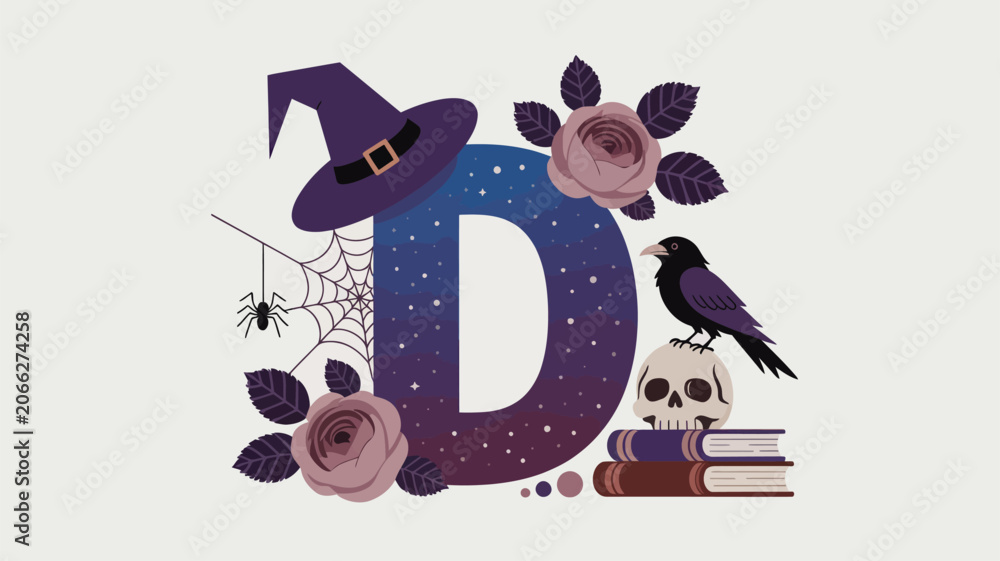 Obraz premium Decorative letter D with witch hat crow skull and Halloween elements