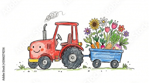 Smiling red tractor pulls a blue cart carrying a joyful harvest of flowers and vegetables