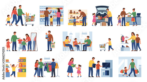 Family Shopping Flat Illustration Collection: Parents and Children Buying Groceries, Clothes, Toys in Retail Stores