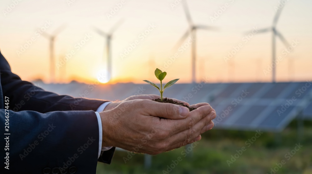 Fototapeta premium Corporate Sustainability Concept: Businessman Holding Growing Green Sprout with Solar Panels and Wind Turbines in Blurred Background under Golden Hour Lighting