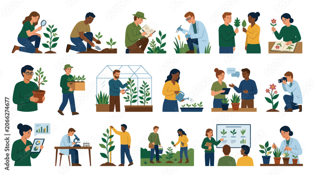 Fototapeta premium Flat Illustration of Botanists and Scientists Studying Plants in Various Settings