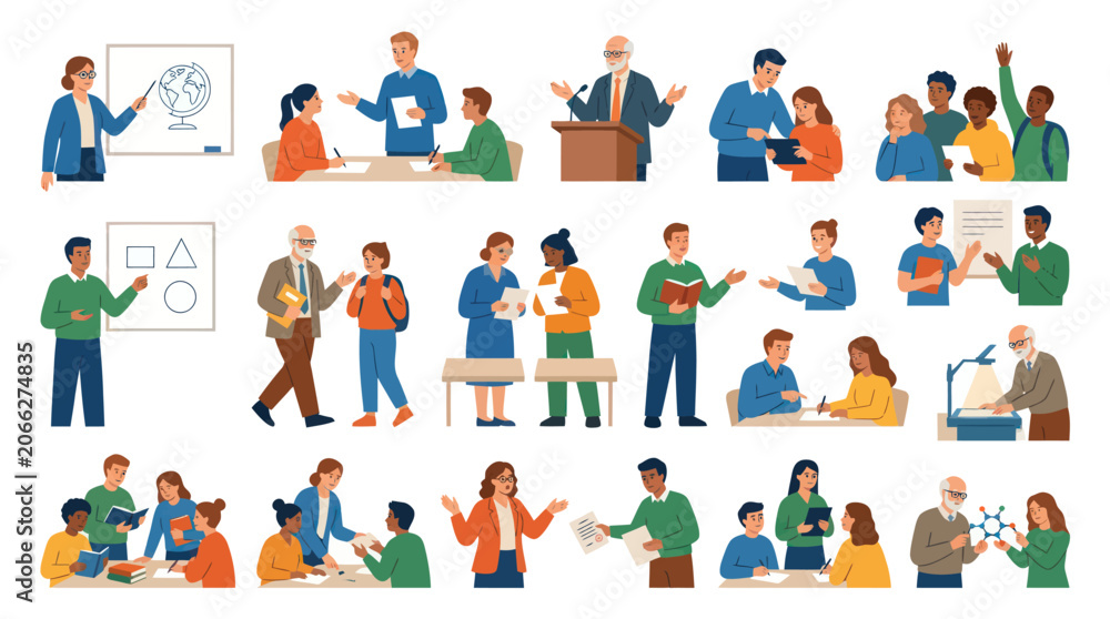 Fototapeta premium Flat Illustration of Diverse Students and Teachers in Classroom, Education Scene