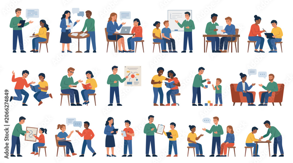 Fototapeta premium Flat vector illustration depicting diverse people engaged in educational activities, learning, teaching, mentoring, and business communication.