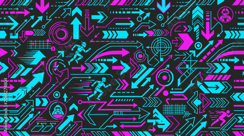 Dynamic Futuristic Technology Background with Cybernetic Arrows Running Bots and Abstract Grid Elements