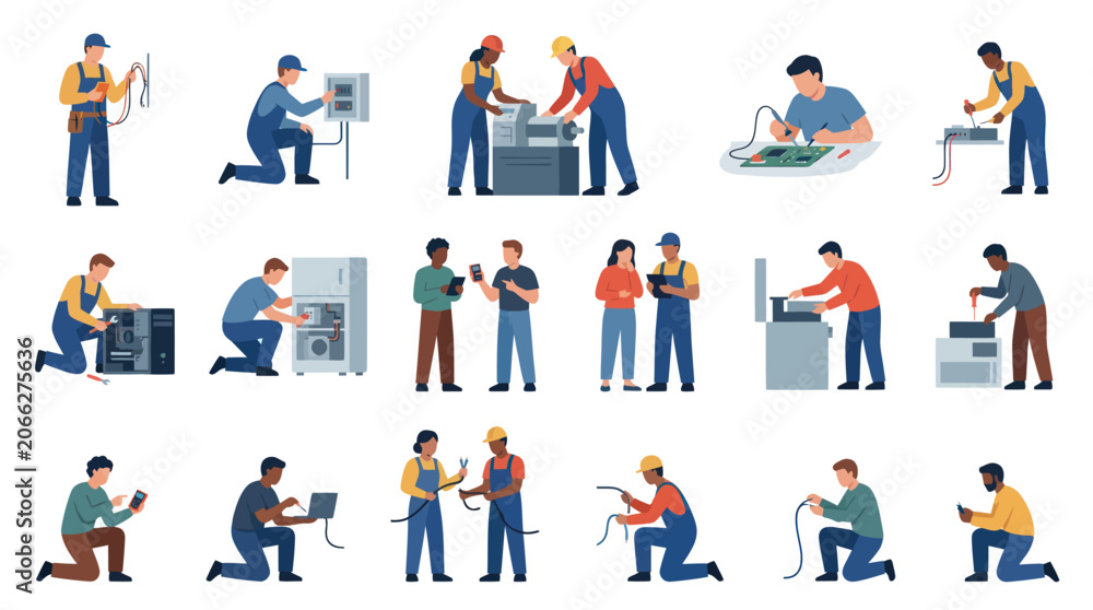 Fototapeta premium Technical Services and Electronics Repair Flat Vector Illustration Set. Engineers, Electricians, and Technicians at Work.
