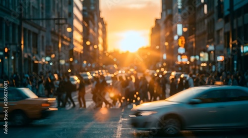 Crowd walking on a busy city street during a golden sunset with blurred cars in the foreground
