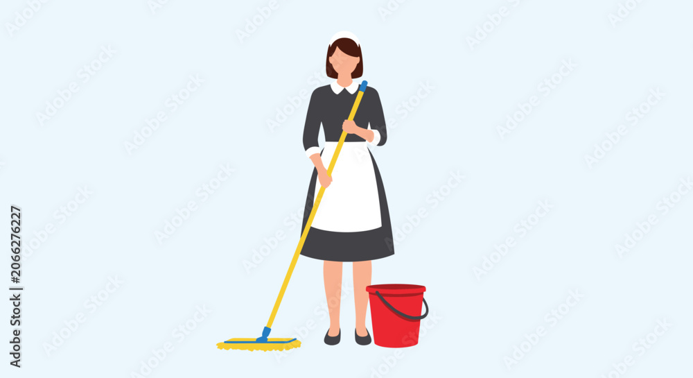 Fototapeta premium Female hotel maid or cleaning lady in a traditional uniform holds a mop next to a red bucket against a plain light blue background.