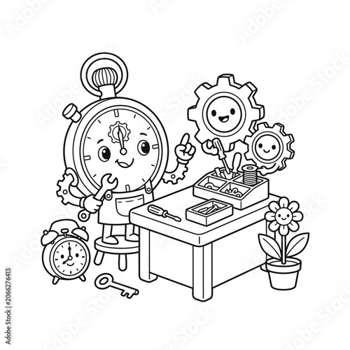 Whimsical cartoon child working at a desk with gears, flowers, and clocks symbolizing creativity, productivity, and time management in a playful office setting.