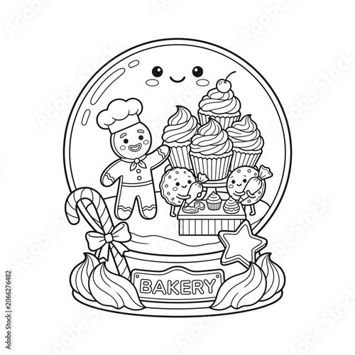 Delightful cartoon bakery snow globe scene with cheerful baker and whimsical cupcakes for festive holiday decor.