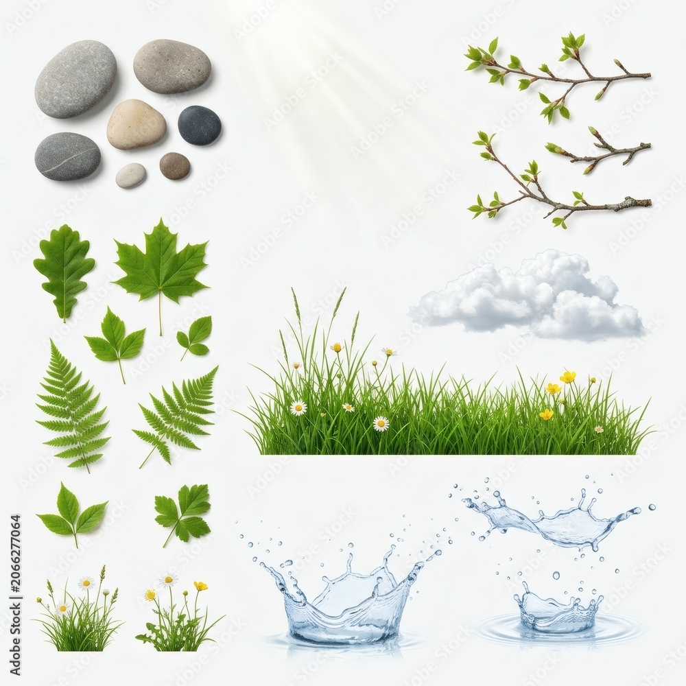 Fototapeta premium Isolated nature elements like stones, leaves, grass, water splashes, and branches are shown.