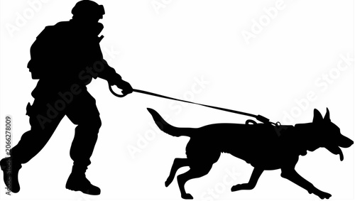 Tactical soldier running with a trained k9 service dog in a dynamic silhouette vector graphic design isolated on a clean white background for security concepts