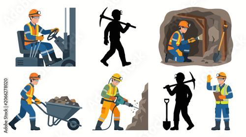 Tableau sur toile Professional miner character vector illustration set with industrial workers dri
