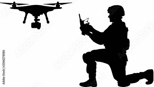Black silhouette vector of a soldier kneeling and operating a remote control drone for surveillance and tactical reconnaissance mission on white background
