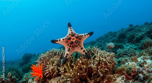 Chocolate chip starfish resting on a vibrant tropical coral reef