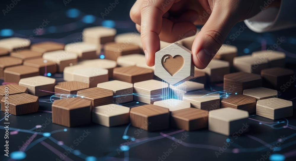 Naklejka premium Colorful pixel art heart on stacked blocks with office items