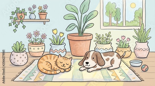 An orange cat naps next to a spotted dog resting on a rug surrounded by plants on a sunny day