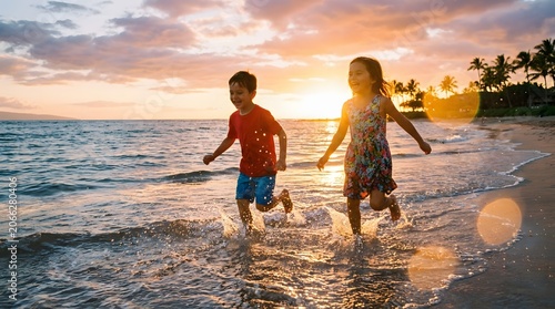 Happy young brother and sister running joyfully through shallow ocean water on a beautiful tropical beach during a golden sunset