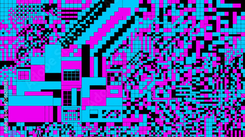 Geometric Digital Pattern with Pink Blue and Black Squares