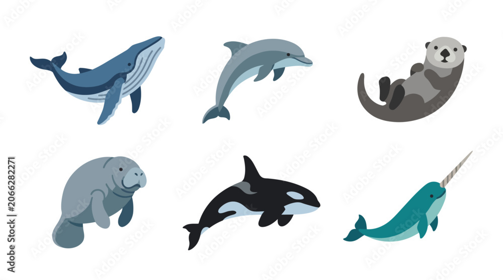 Fototapeta premium Ocean mammals vector illustration shows whale, dolphin, otter, manatee, orca, and narwhal icons, symbolizing aquatic diversity, marine life awareness, and ocean conservation concept