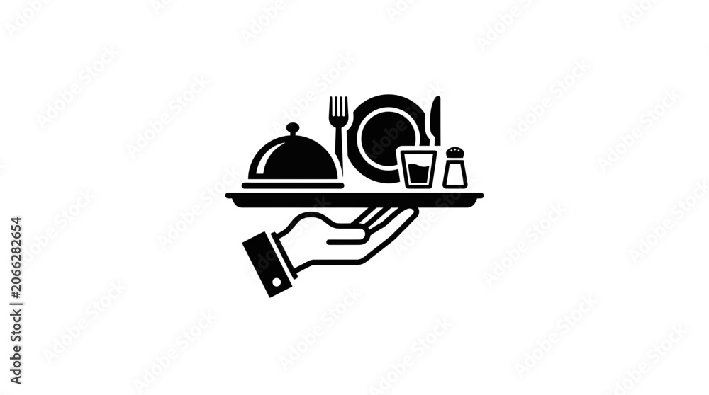 Fototapeta premium Restaurant Service Icon: Hand Holding Tray with Food and Drinks