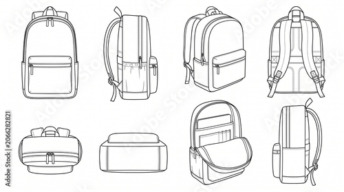 Backpack Technical Sketch Set for Fashion Design Tech Pack with Multi-Angle Views and Internal Compartment