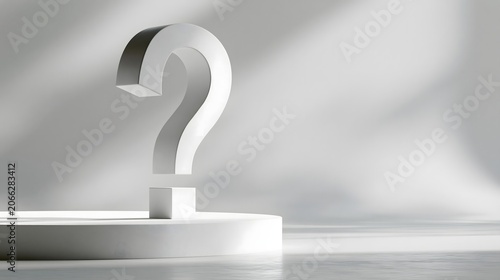 Conceptual background: White 3D question mark standing on round podium with natural sunlight shadow