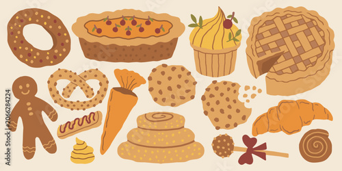 Foto Cute bakery and baked goods elements vector illustration set