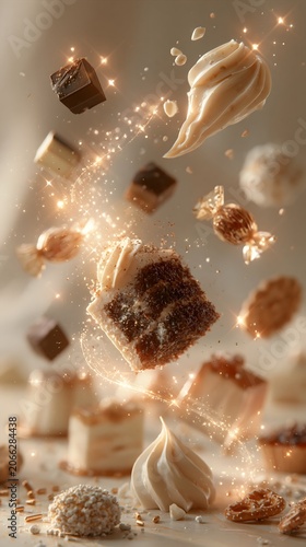 Sweets advertising background: Elegant digital backdrop featuring levitating pastries and magical wallpaper