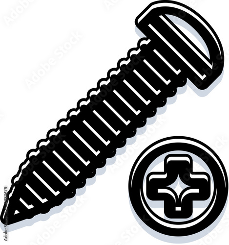 Φωτογραφία Black and white vector illustration of a pointed phillips wood screw with cross