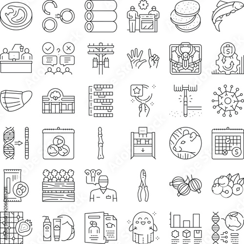 Collection of line icons depicting concepts in biotechnology, scientific research, medicine, food production, and health, illustrating various aspects of modern life and development
