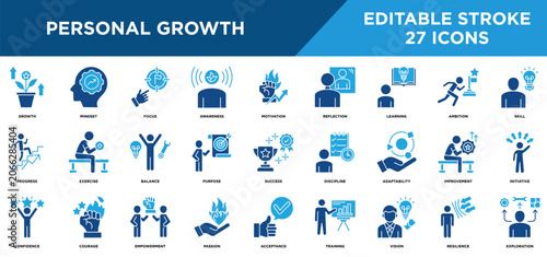 Personal growth solid icons set with mindset, focus, awareness, motivation, reflection, learning, concepts. Editable stroke vector collection.	