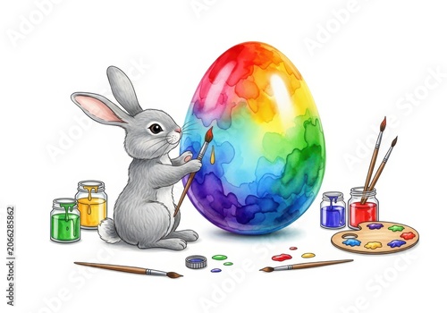 Cute bunny painting a colorful easter egg with art supplies
