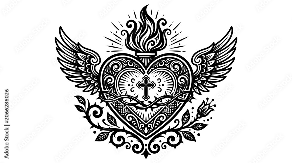 Fototapeta premium Sacred Heart Emblem with Wings, Cross, and Flames - Religious Symbol