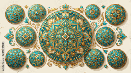 Foto Ornate teal and gold circular decorative elements with intricate mandala patterns