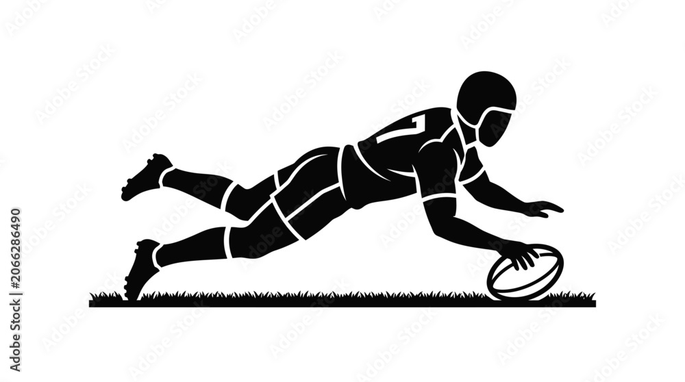 Fototapeta premium Rugby Player Diving to Score Try, Silhouette Style