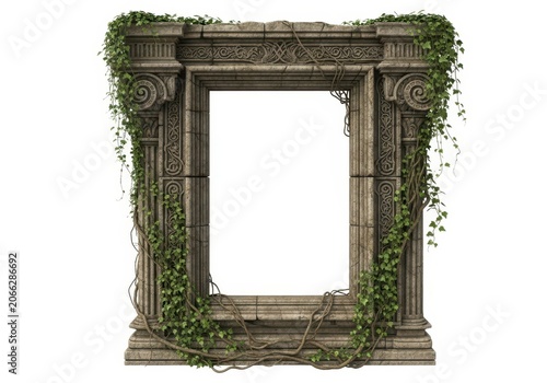 Ancient stone temple gate covered with green ivy and plants