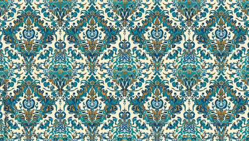 Bild auf Leinwand Intricate damask pattern with a vintage feel, featuring ornate floral motifs in teal, gold, and cream
