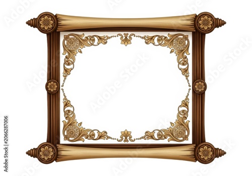 Wooden picture frame with climbing plants and animals in nature scene