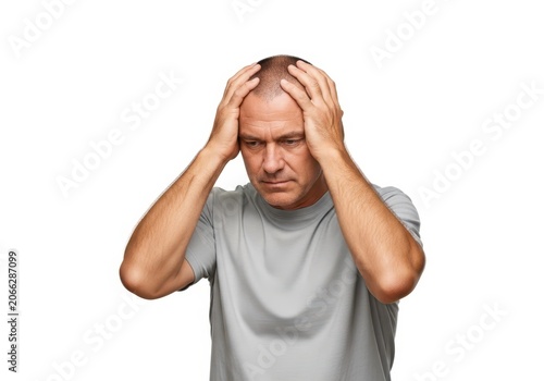 Middle aged man holding head feeling stressed and worried