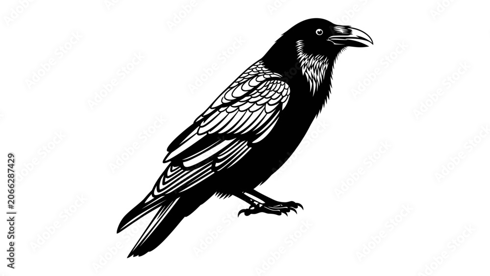 Obraz premium Silhouette of a Raven: A striking black raven, rendered in a detailed silhouette, stands poised with an alert gaze and a distinctive beak, evoking an air of mystery and intelligence.