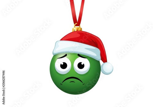 Sad green christmas ornament ball with santa hat hanging on ribbon